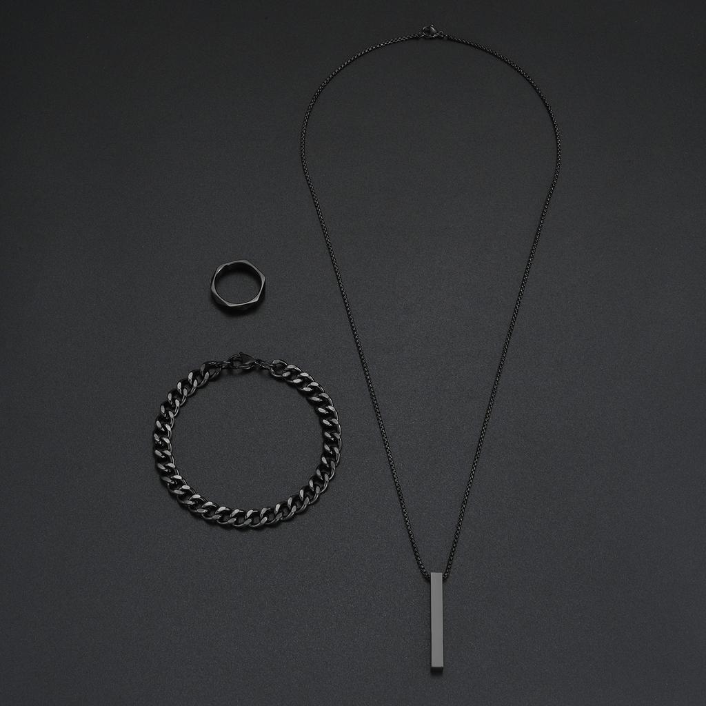 3pcs Stainless Steel Suit Zircon Set For Men, Hip-hop Rectangle Pendent Necklace, Bracelet And Ring Set