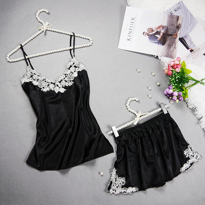 Female Sleepwear Set Solid Color Embroidery Spaghetti Strap Top + Pants 2pcs Pajama Set