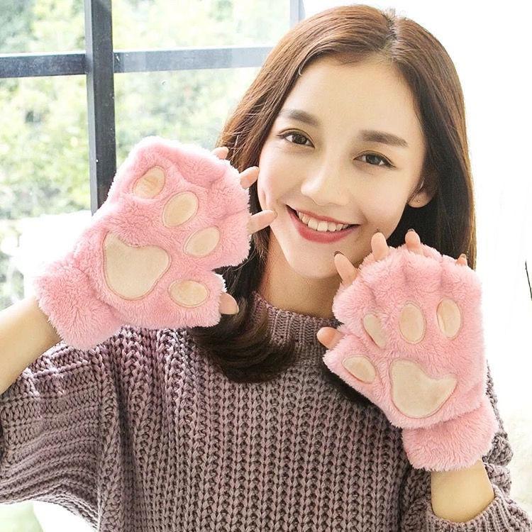 Winter Damen Katzenpfoten Fleecegefütterte Halbfingerhandschuhe zum Schreiben