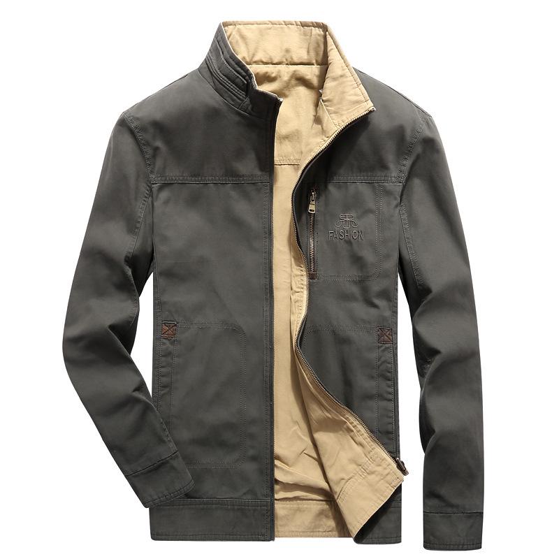 Nouvelle Veste Réversible Printemps et Automne pour Homme, Décontractée, Mode, Affaires, Grande Taille, Pur Coton, Réversible, Col Montant M gray