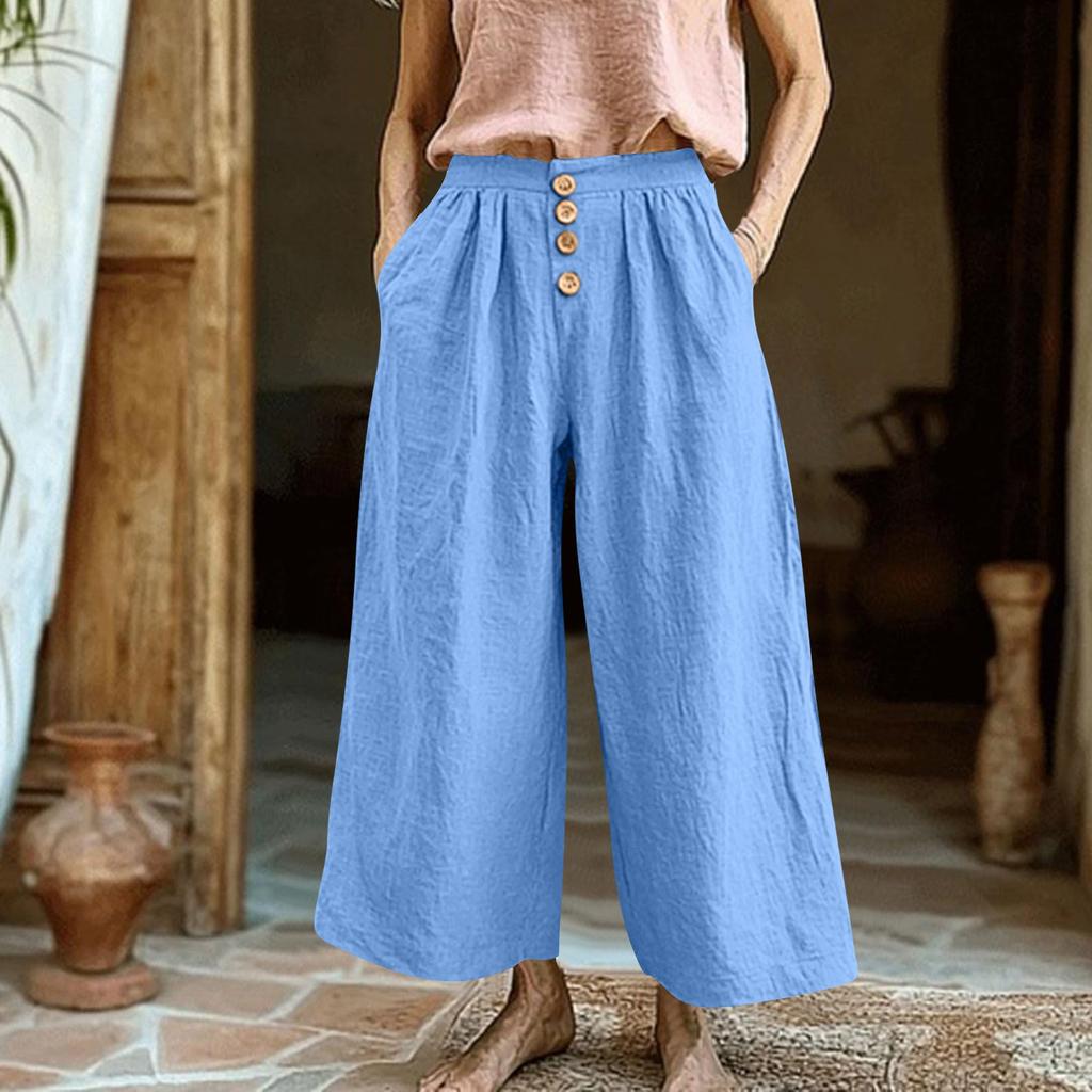 Wide Leg Cropped Pants for Women High Waist Button Front Loose Fit Casual Trousers with Pockets Lightweight Fabric