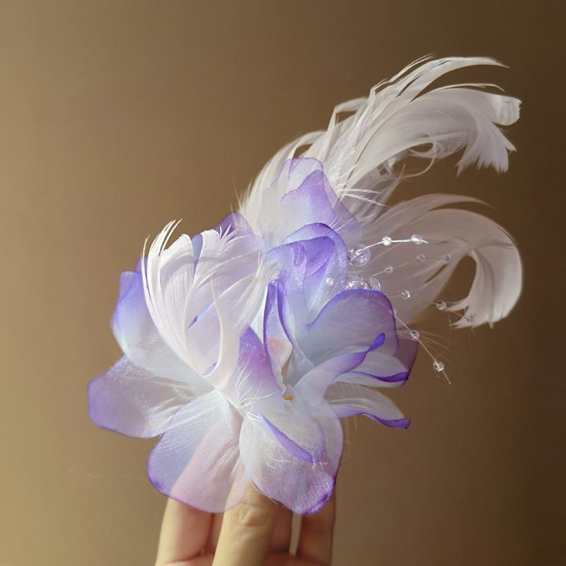 Super fairy fabric feather flower side hairpin fashion versatile temperament duck bill clip sweet atmosphere hair accessories headgear
