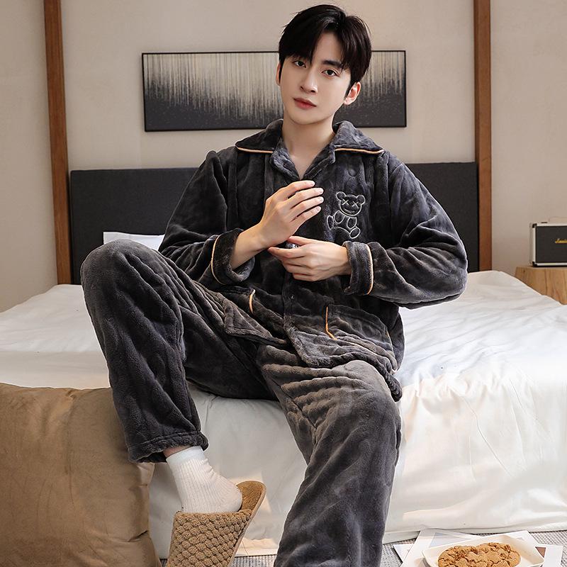 Men's Autumn/Winter Flannel Lapel Pajamas - New Arrival, Plus Velvet, Thickened Coral Fleece Homewear