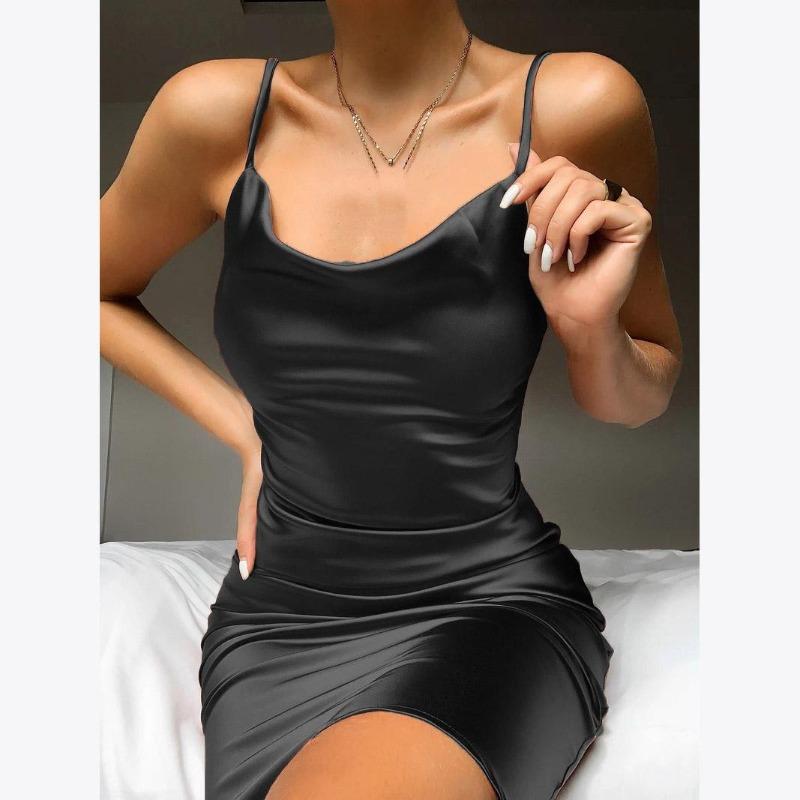 Summer Sleeveless Spaghetti Strap Black Silk Long Dress Sexy Backless Elegant Satin Bodycon Party Dress Woman Split Midi Dresses