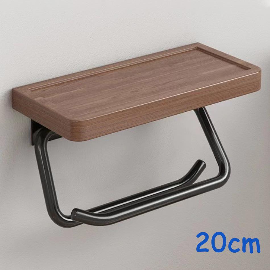 Double Paper Holder with Shelf Black Wood Wall Mounted WC Tissue Holders Walnut Toilet Paper Towel Rack for Bathroom Kitchen
