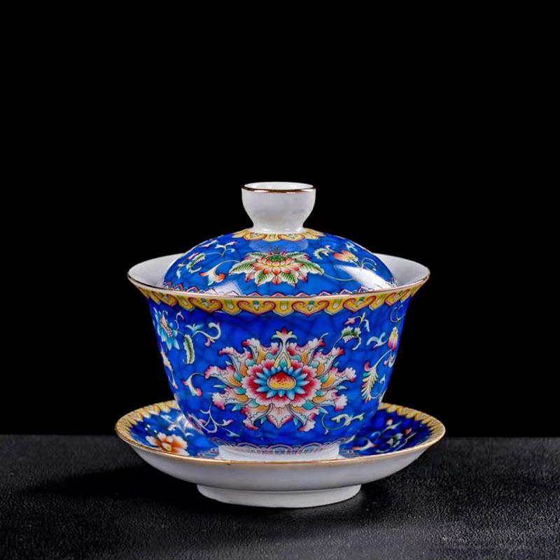 Large Ceramic Teapot Set with Hand Painted Flowers Home Tea Brewing Kungfu Tea Kit with Handle
