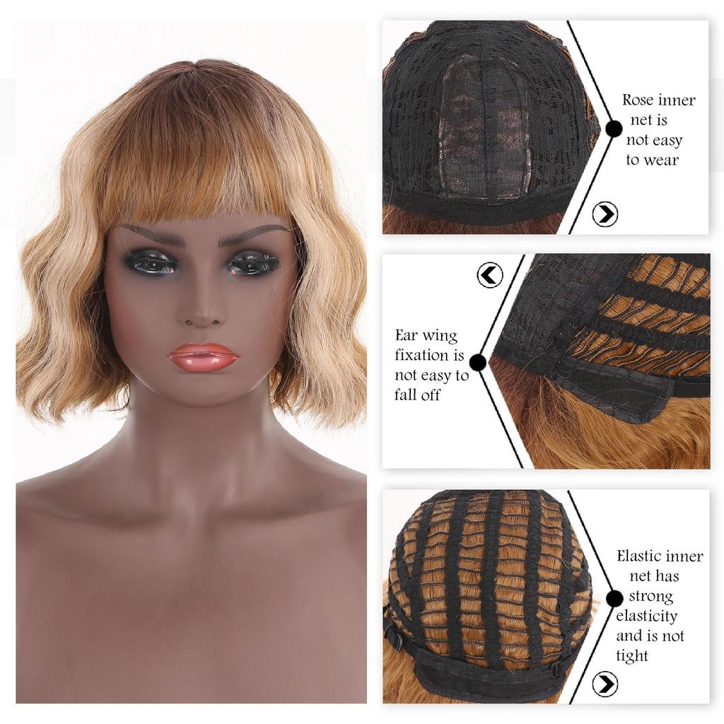 Short Wave Bob Wigs  for Women Natural Bangs Heat Resistant Wavy Synthetic Wig Daily Wear Cosplay Curly Hair