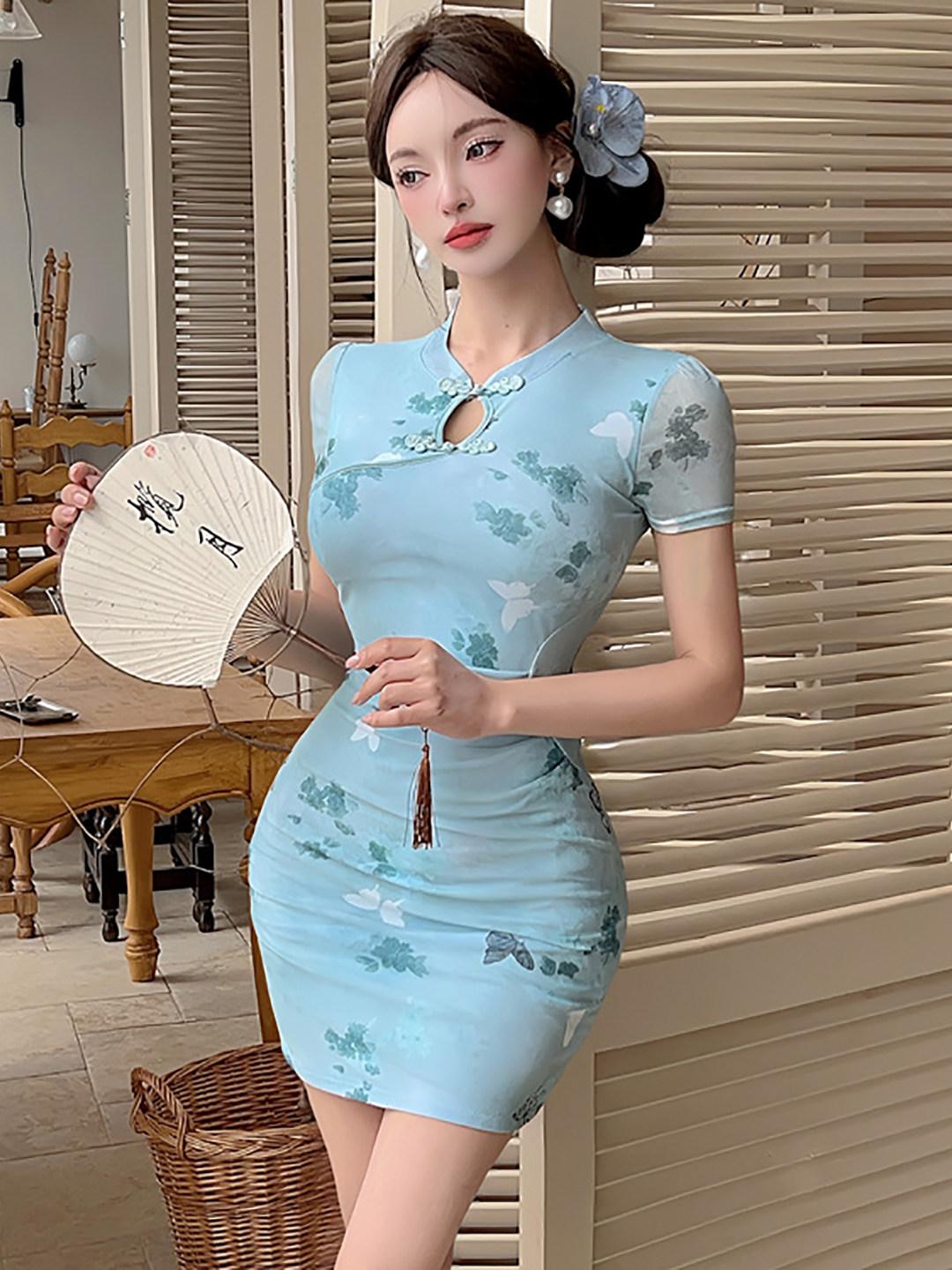Элегантное ретро-платье ципао с цветочным принтом - Приталенное, сексуальное, с пуговицами-лягушками, короткая юбка, облегающее бедра Large синий