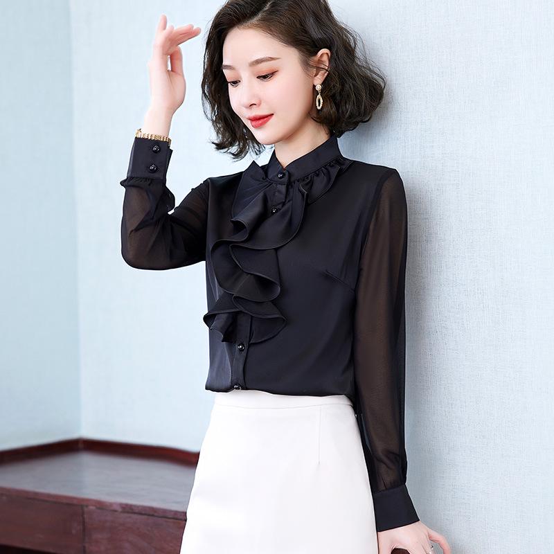 Women's Ruffled Chiffon Long Sleeve Shirt - Spring/Autumn Western Style Top