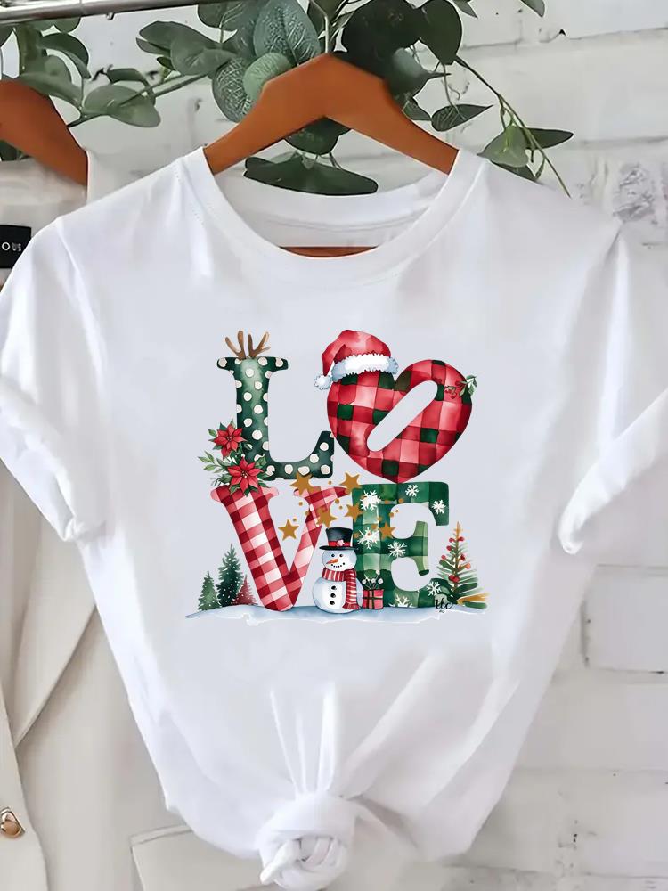 (Asian Size) Short Sleeve T-shirts  Print merry Christmas o-neck festival lovely Women's Top new year T Clothing Fashion holiday Graphic Tee