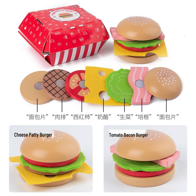 Children's Wooden Hamburger & Fries Pretend Play Set - Kitchen Game Gift for Boys & Girls