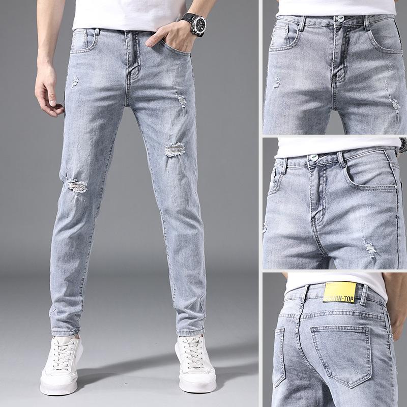 Summer men's jeans slim fit elastic pants for men Korean style trendy youth light-colored trousers