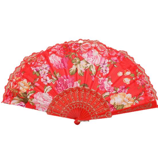 

Вінтажне мереживне складне віяло з візерунком півонії, портативний портативний китайський квітковий віяло з літньою рукою червоний