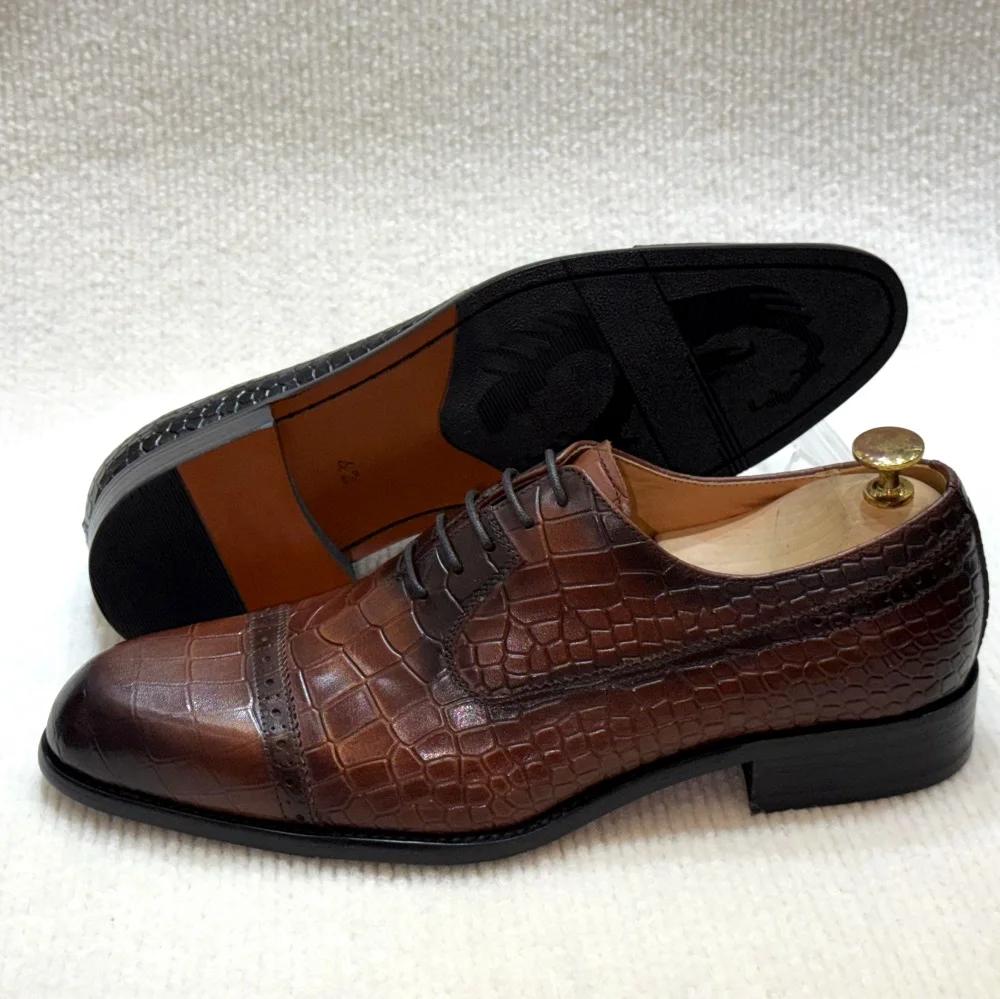 Fashion Luxury Handmade Men's Genuine Leather Dress Shoes Classic Cap Toe Oxfords Lace-Up Formal Business Wedding Office Footwear