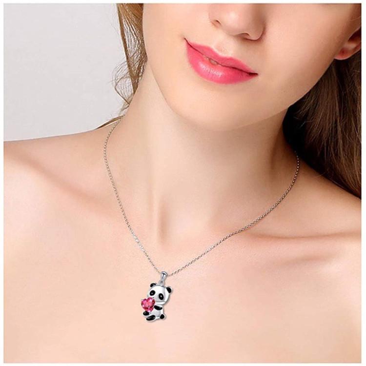 European & American Cute Panda Necklace: Pink Heart-Shaped Cubic Zirconia & Blue Crystal Design