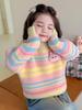 Girls' Rainbow Knit Sweater - Thick Woolen, Sweet Round Neck, Warm for Autumn/Winter
