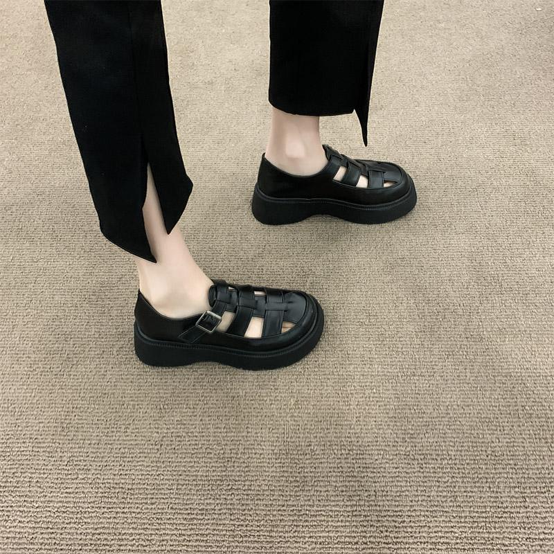 College Wind Small Leather Shoes Female Hollow Breathable Summer Thick -Soled French Niche Single Shoes Roman Sandals Ins Fairy Wind