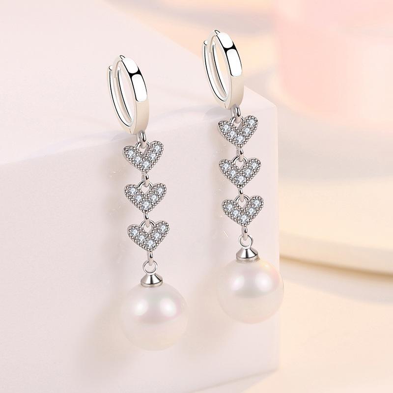 Exquis Boucle d'oreille Perle Femme Argent Sterling Cœur à Cœur Incrusté Zircon Boucles d'oreilles pour Femmes Longue Frange Statement