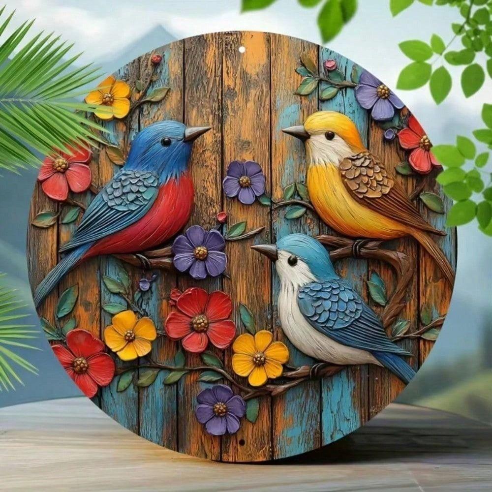 Vintage Metal Tin Sign 20x20 cm Round Wall Art Bird Flower Decoration for Living Room