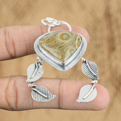 Memorial Day Deal Pear Fossil Coral Gemstone 925 Sterling Silver Pendant Jewelry