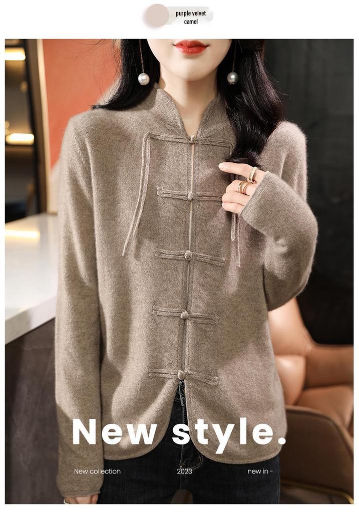 Women's Retro Chinese Style Wool Cardigan - Autumn/Winter Stand Collar with Frog Buttons
