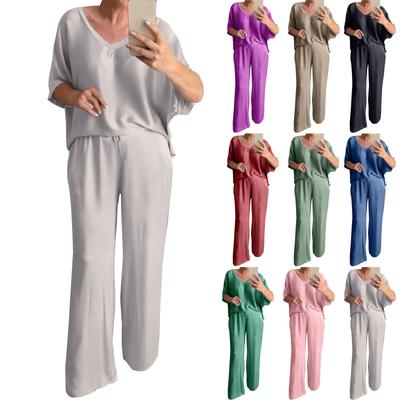 Lockerer Pullover mit V-Ausschnitt für Damen, lässig, kurzärmlig, lange Hosen, modischer Anzug