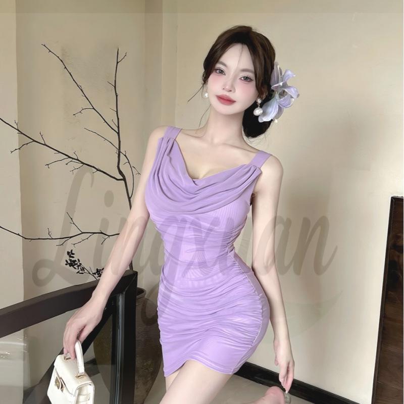 Elegant Low-Cut Halter Mesh Waist Slimming Dress Extra Large фиолетовый