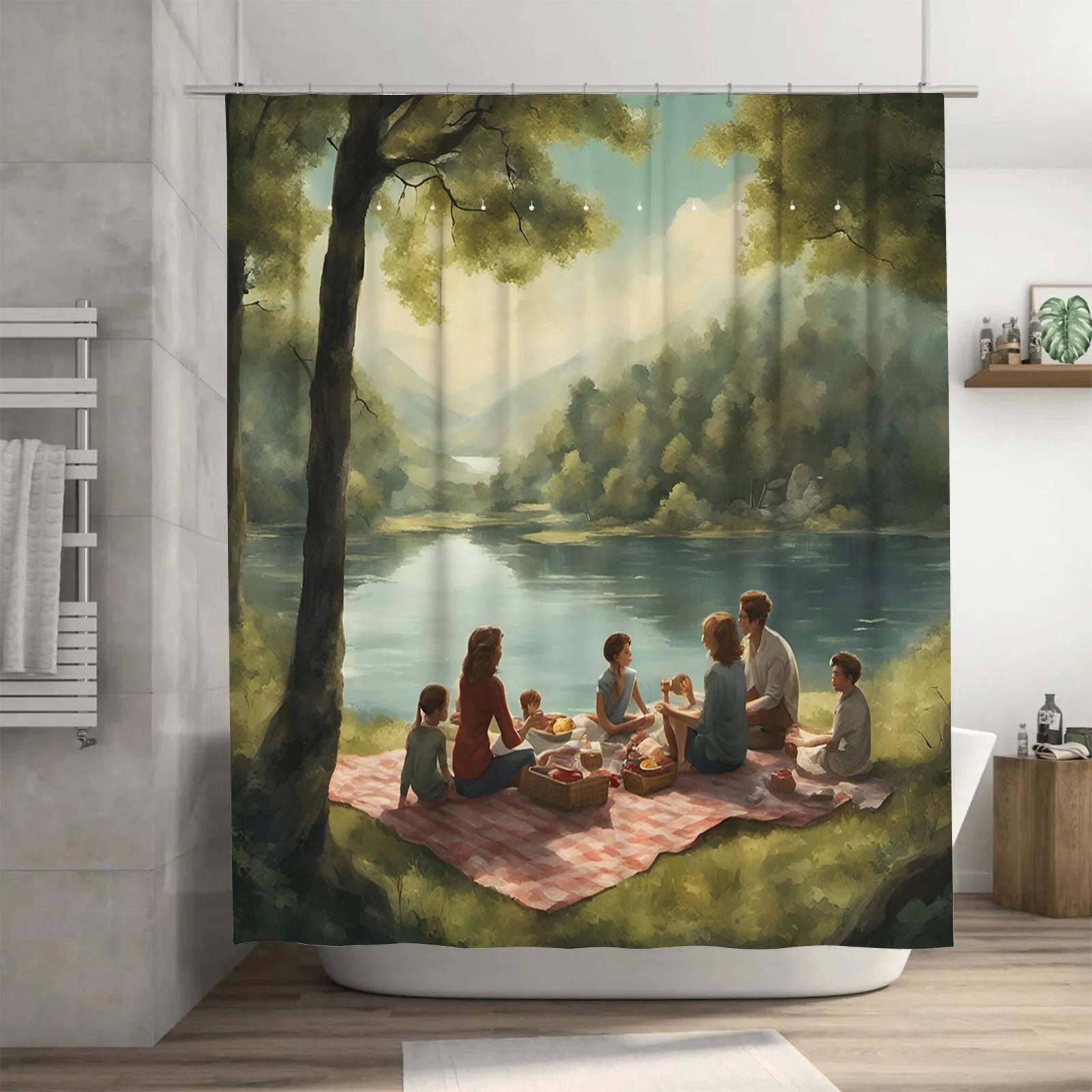 

Family Picnic By The Lake Shower Curtain - Waterproof, Mildew-Resistant, Machine Washable For Serene Bathroom Decor W60H190(CM)-1 Pcs