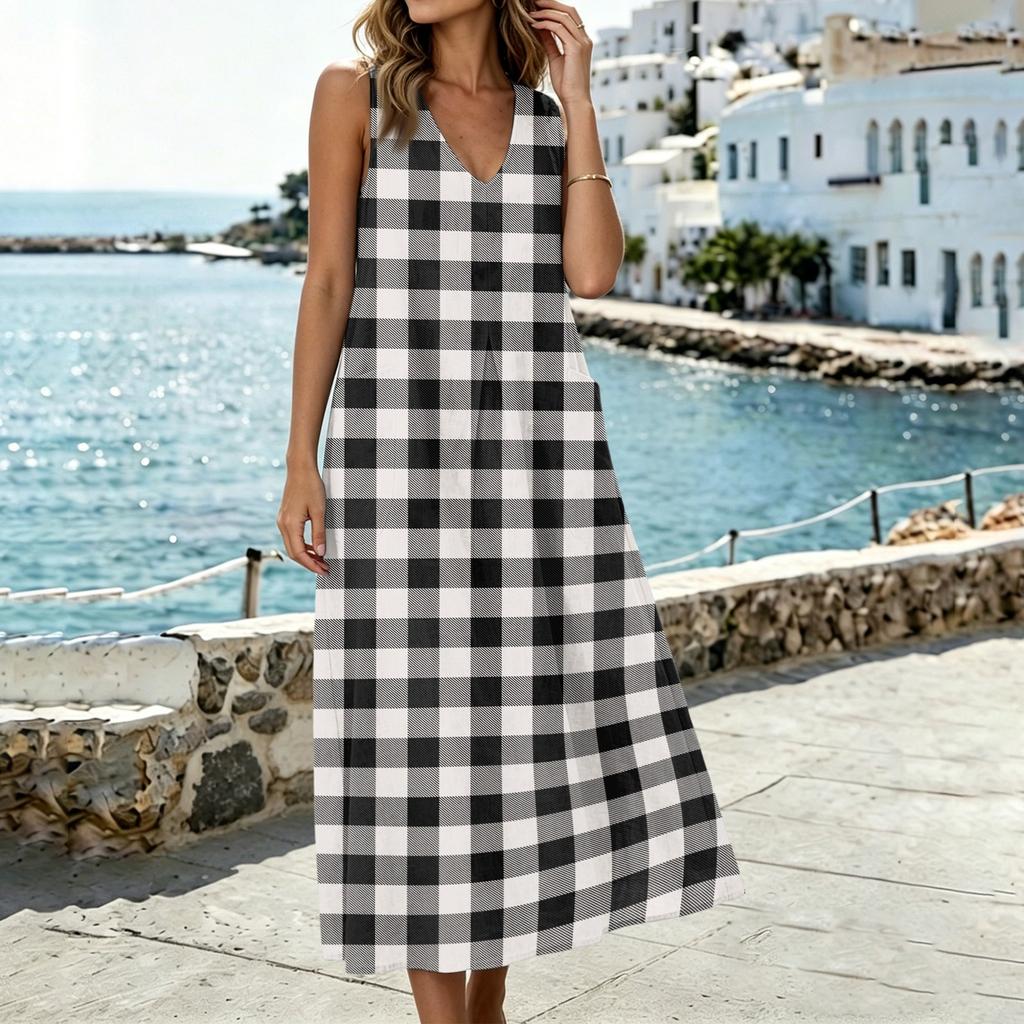 Fashionable Women's U-neck Sleeveless Pocket Slit Vest Cotton Linen Dress