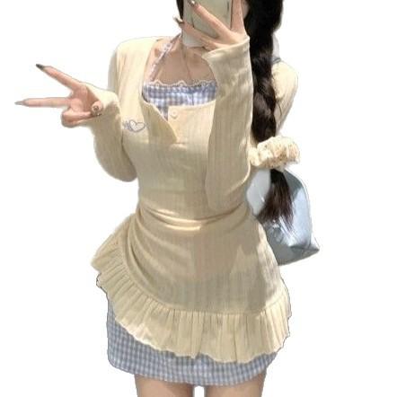 Korean irregular neck fake two-piece long-sleeved dress women's autumn new slim and thin A-shaped skirt