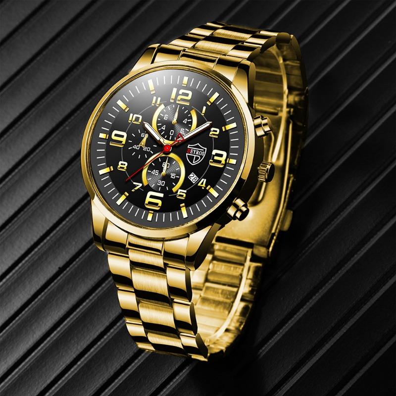 DEYROS Business Golden Men's Watch Casual Men's Calendar Watch Luxury Men's Stainless Steel Strap Quartz Watch