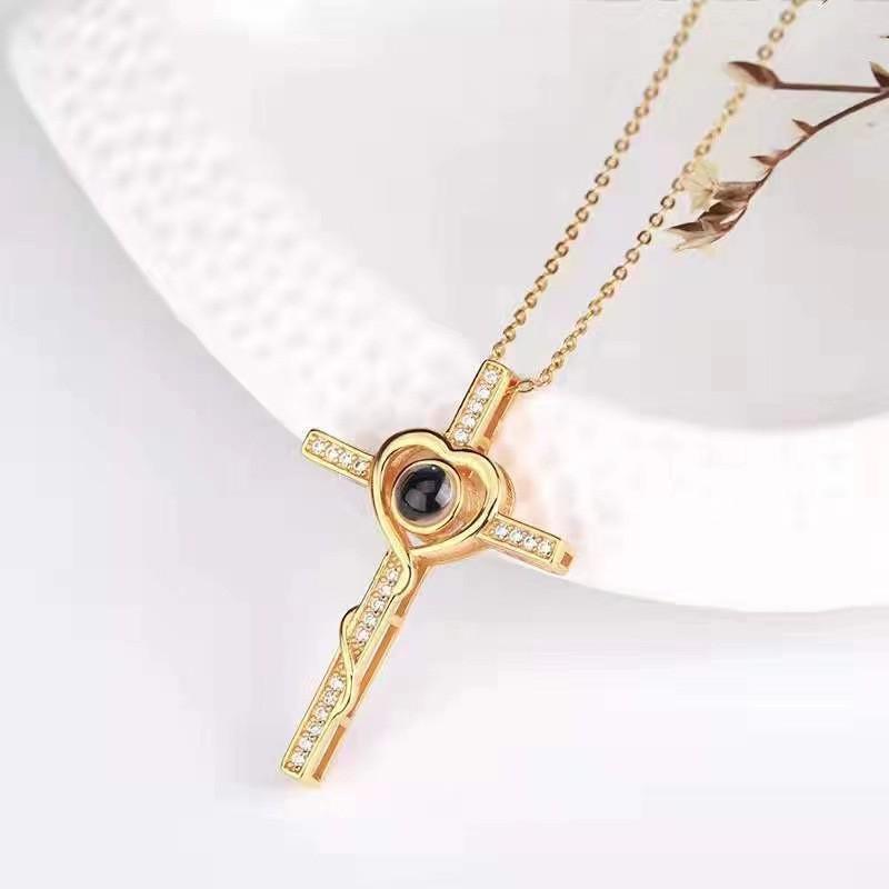 100 Languages 'I Love You' Projection Cross Necklace - Titanium Steel and Copper Clavicle Chain Pendant