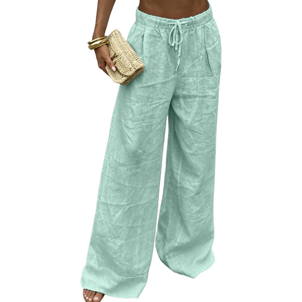 Women’s Wide Leg Linen Drawstring Pants Loose Fit Elastic Waist Trousers with Pockets for Casual Daily Wear