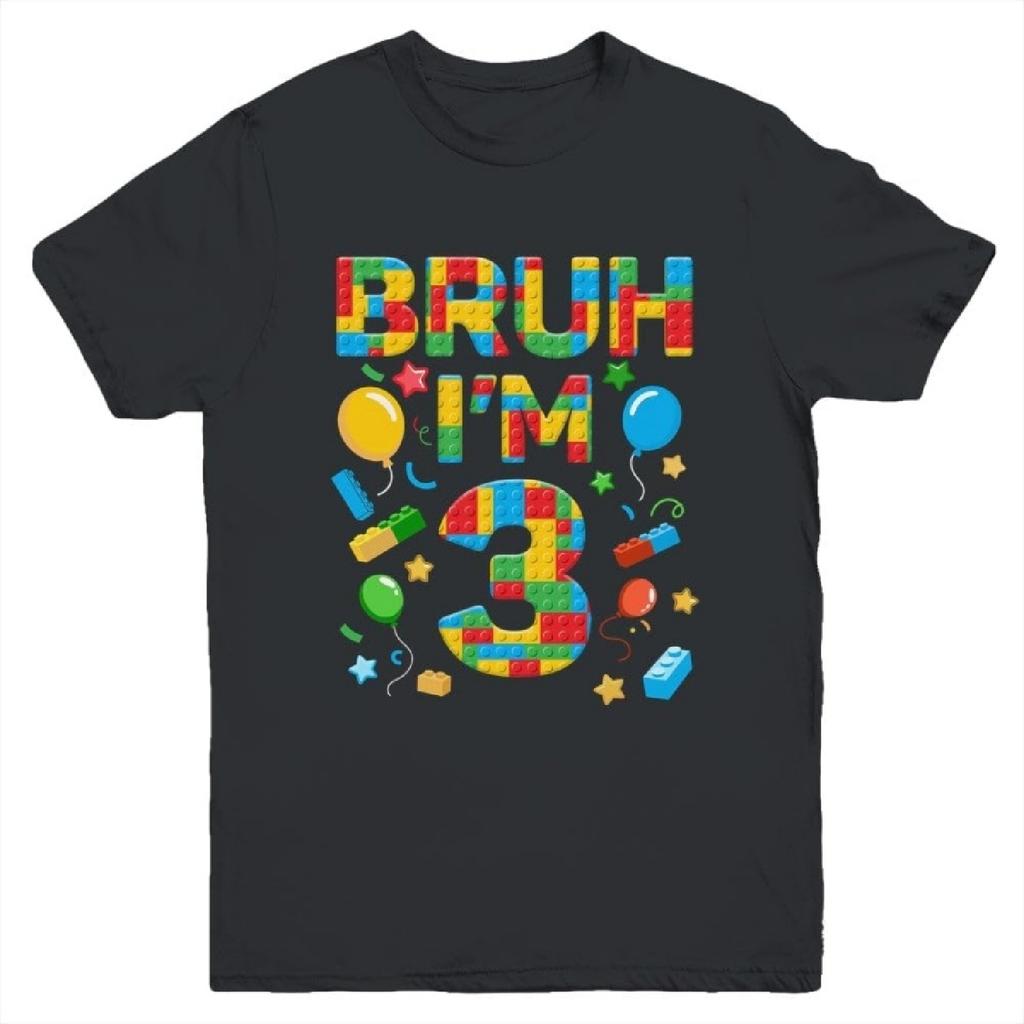 Kids 3 Year Old Building Blocks Bruh 3rd Birthday Boy Shirt Kid Short Sleeve Tee