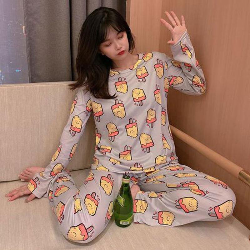 Set Pijama Dama Desen Animat - Cămașă cu Mânecă Lungă și Pantaloni, Haine de Casă pentru Studente Mignone pentru Primăvară și Toamnă