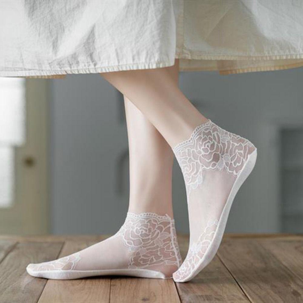 5Pairs Invisible Mesh Lace Socks Flower Tube Socks Women Sweet Transparent Tulle Socks  Summer