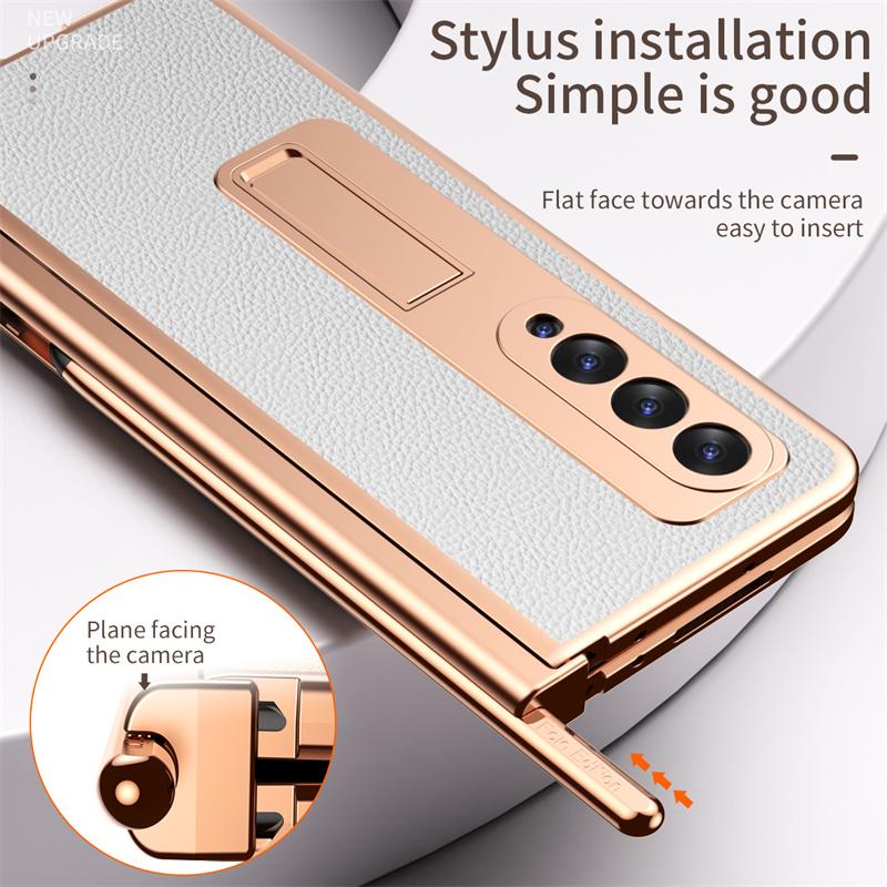 Fully Protected Electroplated PC Leather Bracket Hinge Phone Case For Samsung Galaxy Z Fold 5 4 3 2 Screen Protector With S Pen