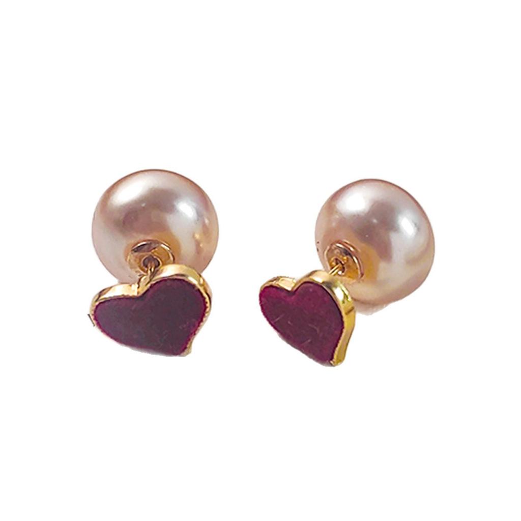 Luxurious Red Heart Pearl Stud Earrings for Women