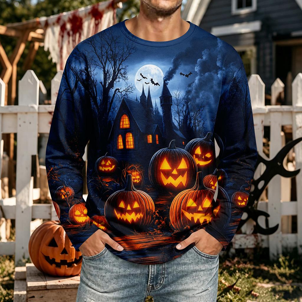 Men's Halloween Long Sleeve Neck T-Shirt for Casual Comfort