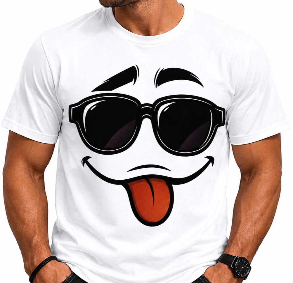 Funny Emoji Face T-Shirt Mens White Graphic Tee Sunglasses Tongue Out S