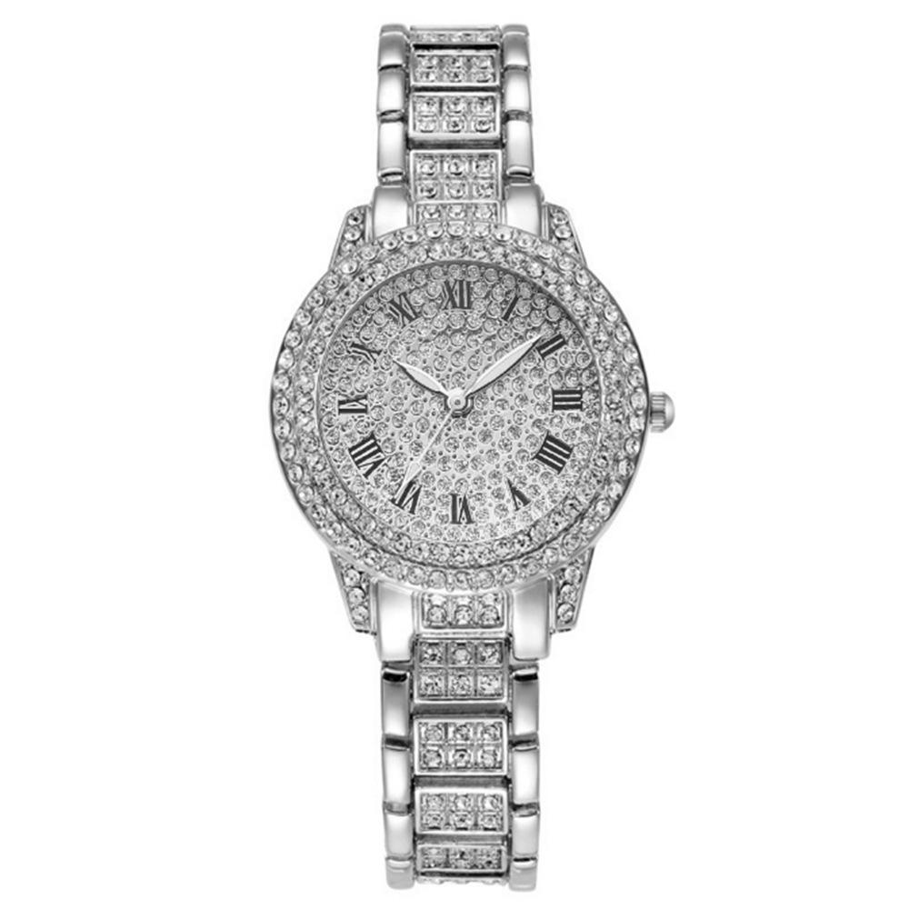 Full Diamond Roman Literary Steel Belt Watch Female Gypsy Temperament Business Quartz Watch Hip Hop Wind Full Diamond Bracelet Set