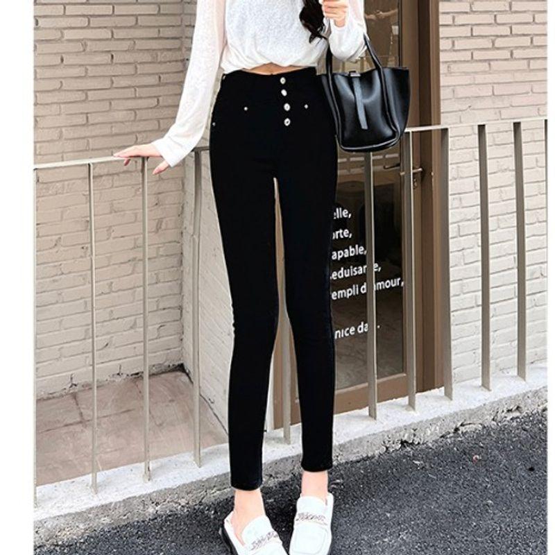 

Korean Style Autumn New Fashion White Commuter High Waist Slim fit Slimming Tight Casual Pencil Jeans Pencil Pants Black-Cropped Pants 29