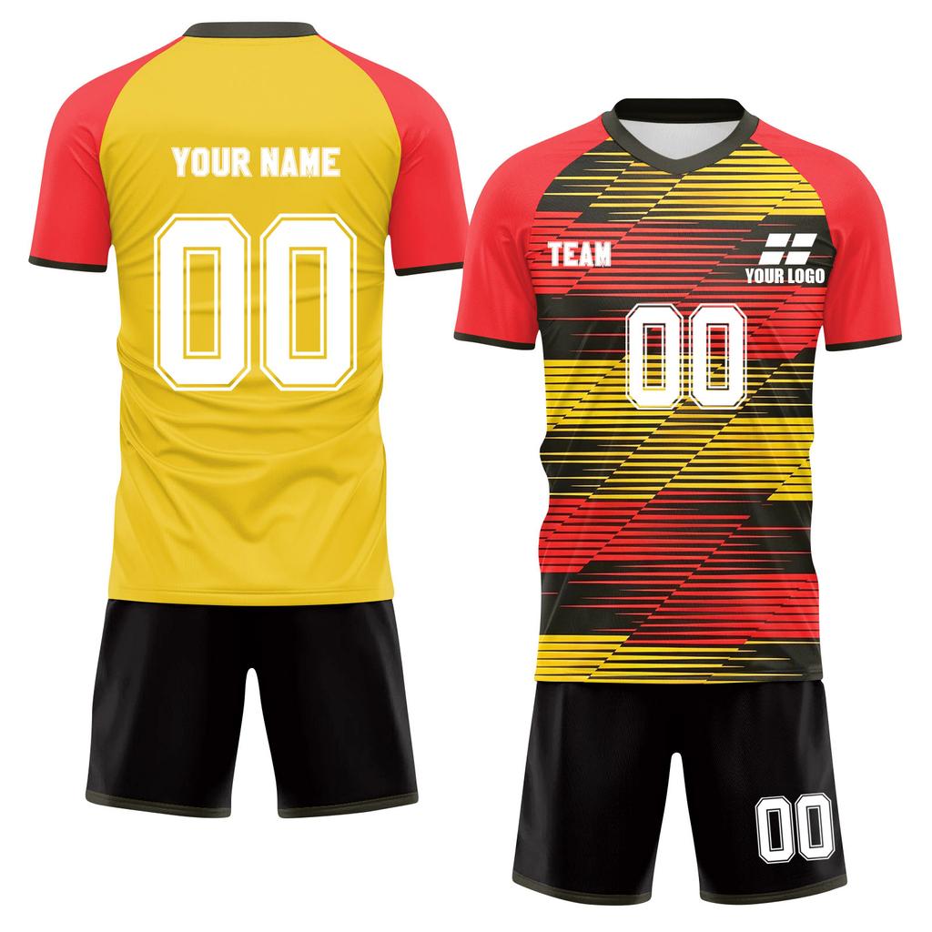 Men's Short Sleeve Two-Piece Soccer Jersey Set Lightweight Breathable Fabric Athletic Sportswear with Graphic Print and Solid Back Design