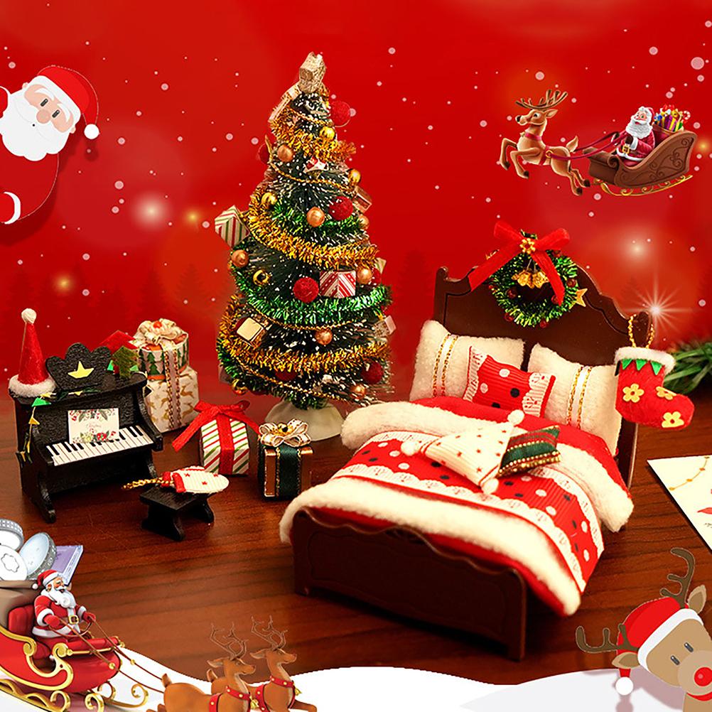 DIY Christmas Miniature Dollhouse Kit Realistic 3D House Room Craft with Bed Quilt Pillow Piano