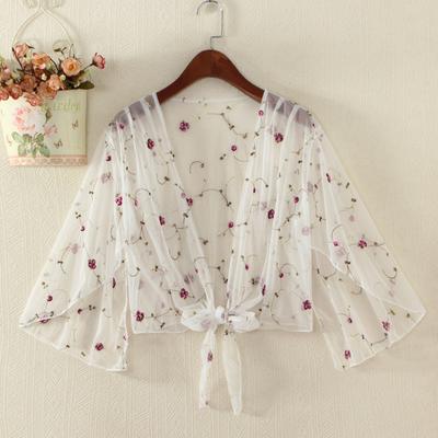 Women Floral Embroidery Mesh Sheer Cover Up Shirts Long Sleeve See Through Cardigan Blouse Beach Boho Shawl Bathing Suit