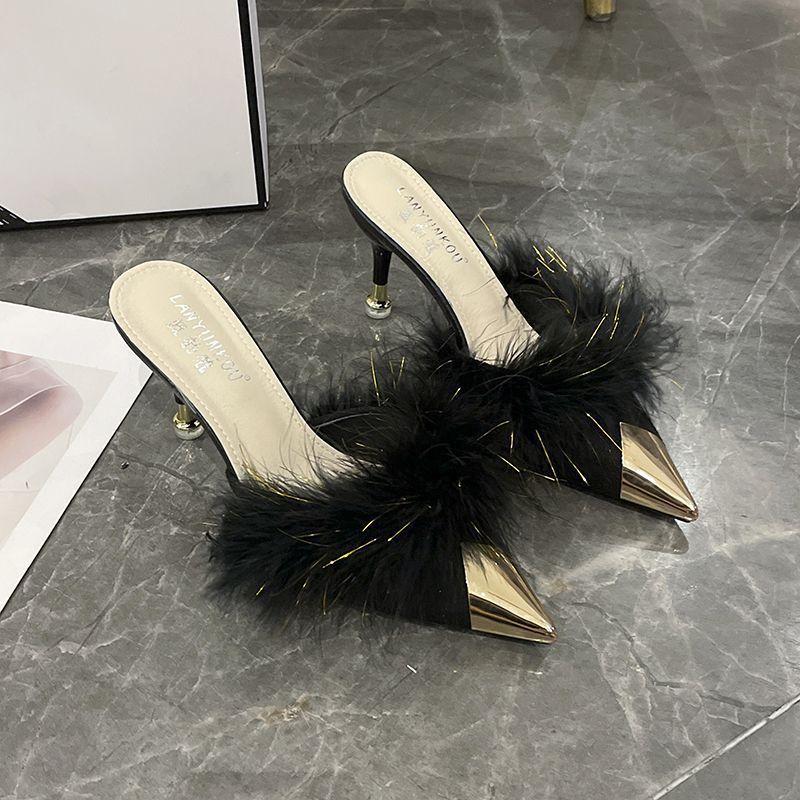 Slippers Wear Bag Head Half Slippers Pointed Head Stiletto High Heels Fitting Shoes Hairy and Versatile Suede Small Fragrant Belt