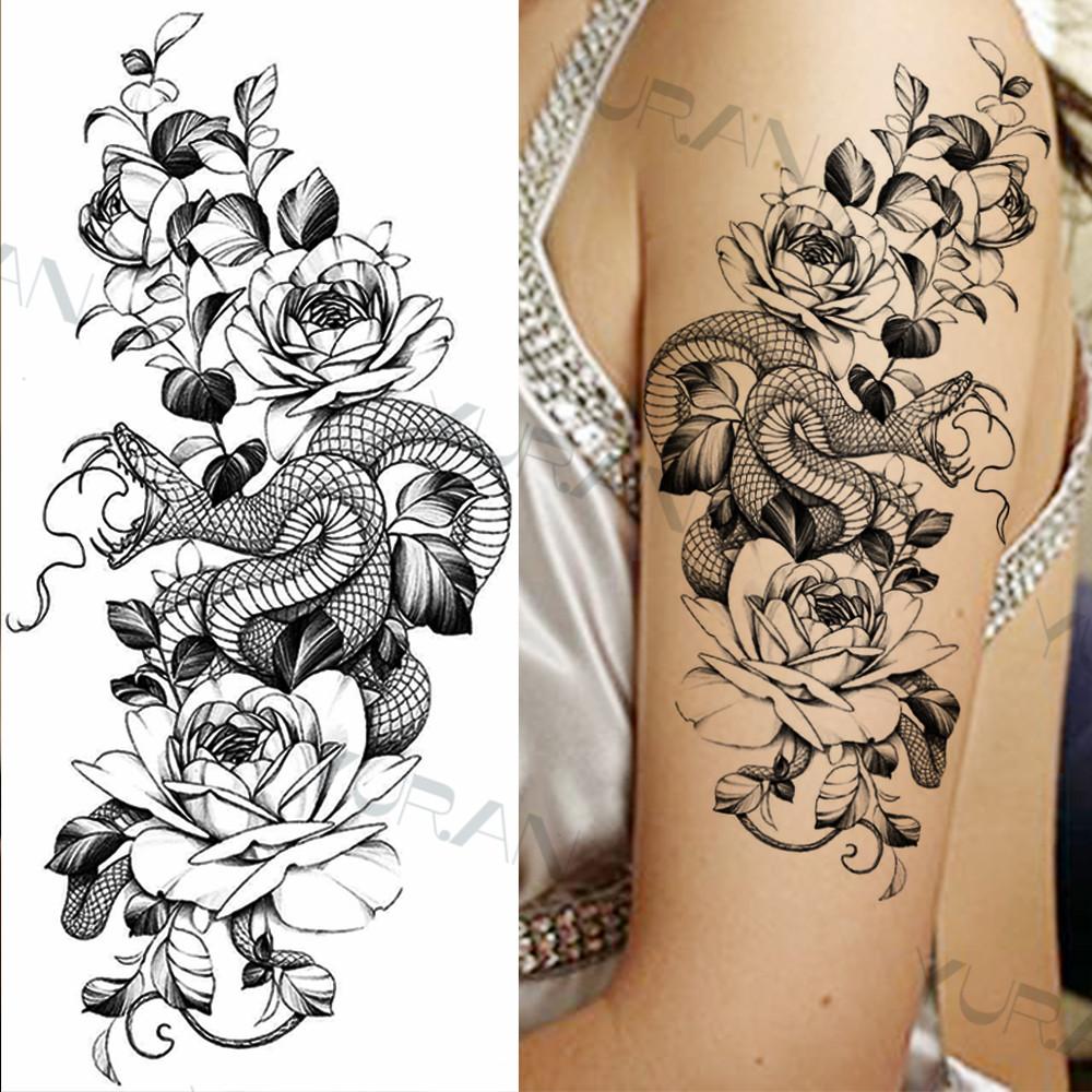 Zwarte Grote Slang Bloem Fake Tattoo Sticker Voor Vrouwen Dot Rose Pioen Tijdelijke Tattoos DIY Water Transfer Tatoos Meisjes