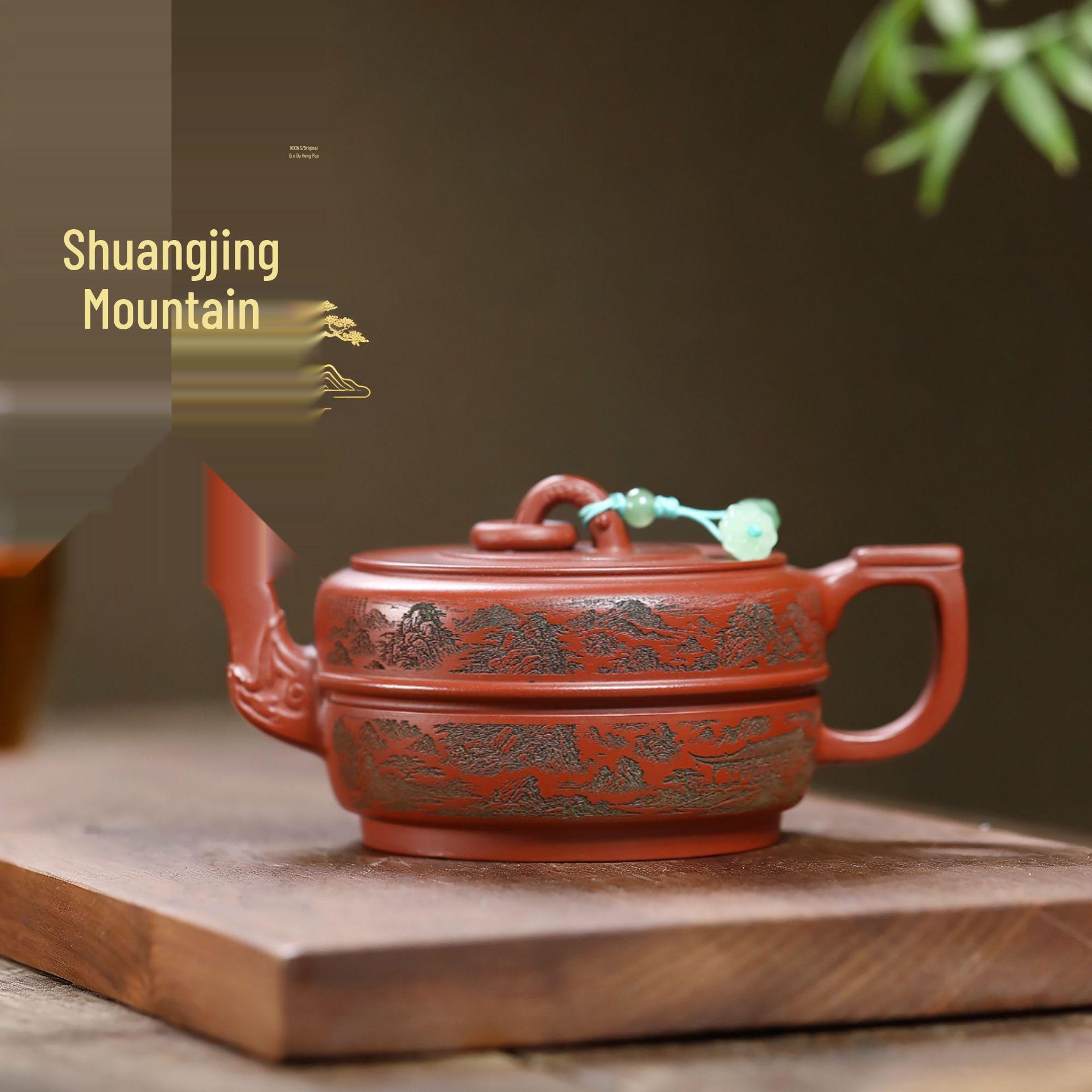 Big Red Robe Jade Yixing Zisha Teapot with Carved Landscape, Handmade, Large Mouth Lid 230CC