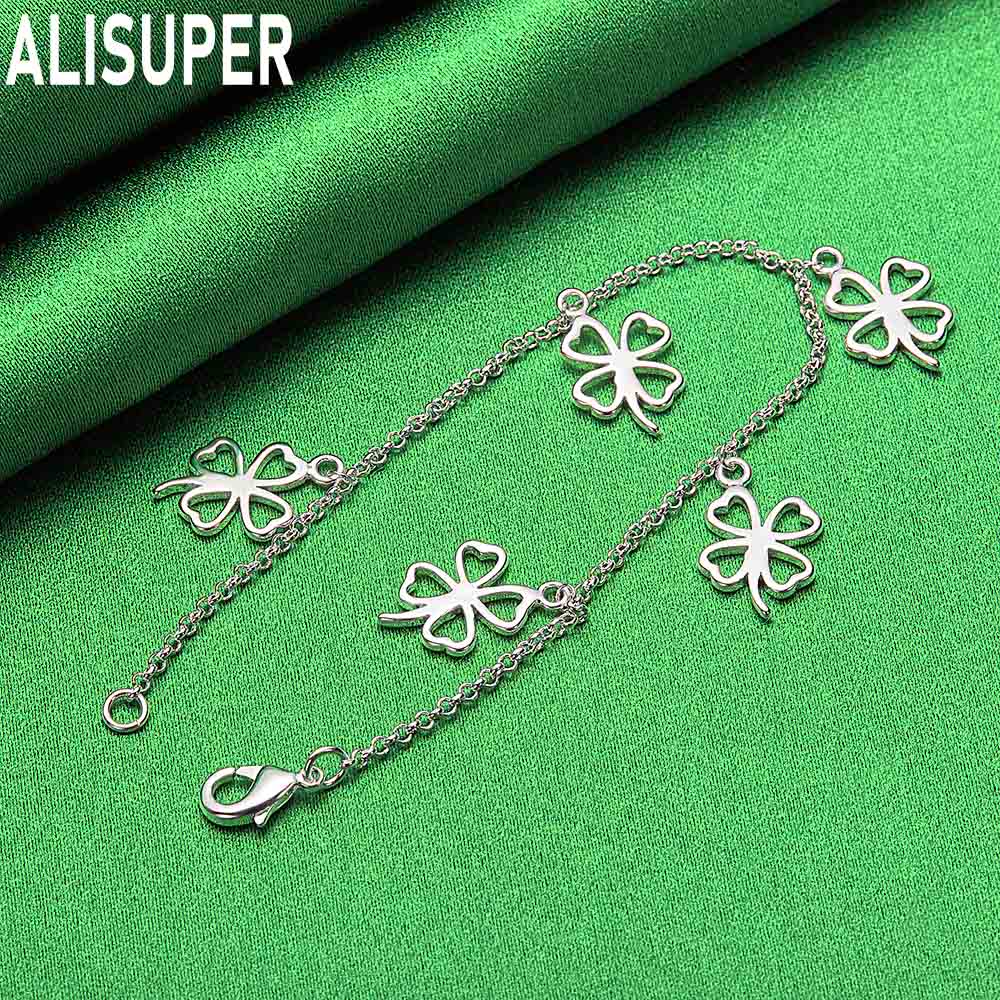 925 Sterling Silver Four-Leaf Clover Side Chain Exquisite Bracelet Gift Jewelry
