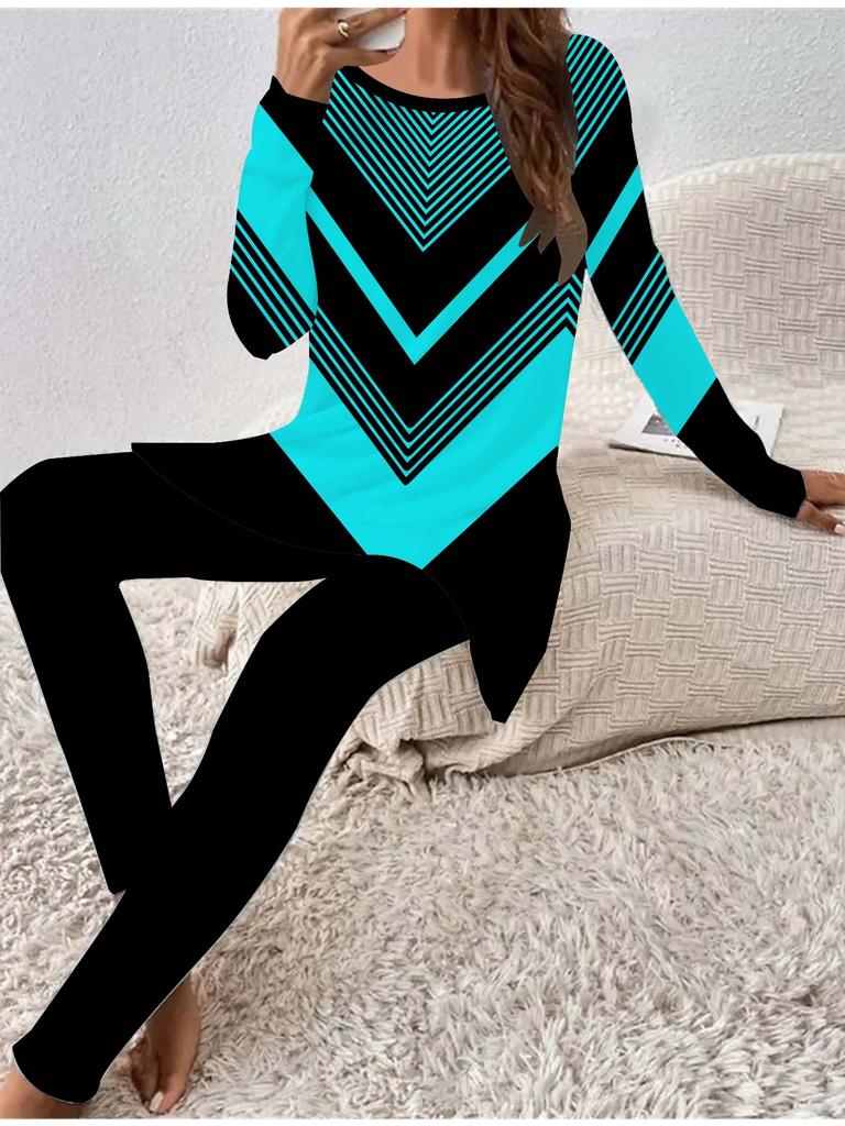 Moda Euro-Americana Estampado Geométrico 3D Feminino Conjunto de Duas Peças Camiseta de Manga Comprida para as Quatro Estações + Calças Compridas. Presente Perfeito para Ano Novo e Natal